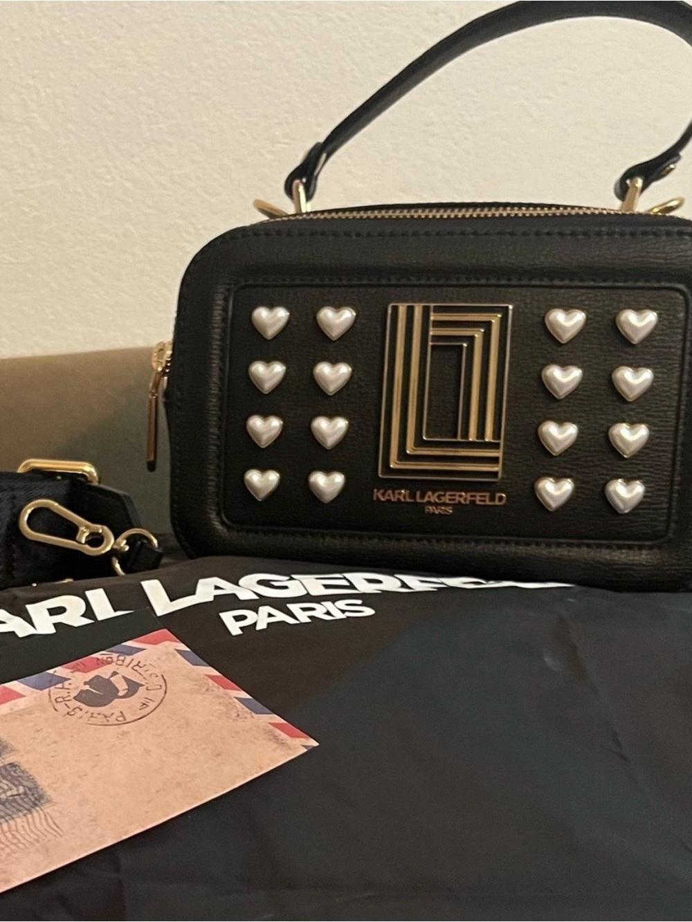 Karl Lagerfeld Black Heart-Accent Leather Camera Bag with Gold Hardware NWT